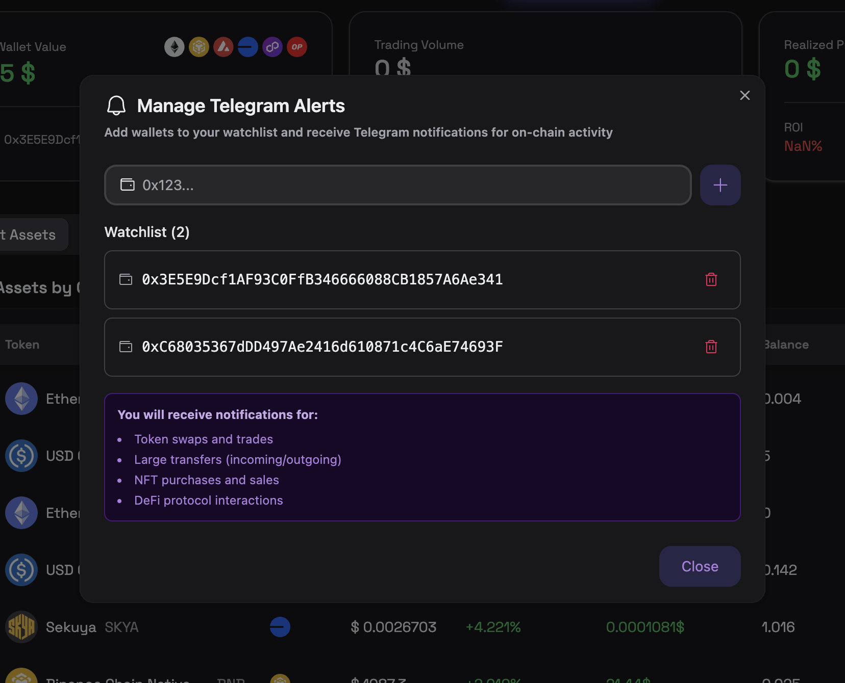Manage Alerts interface with watchlist